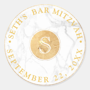 Sticker Rond PixDezines Monogram Faux Gold+Marble Mitzvah