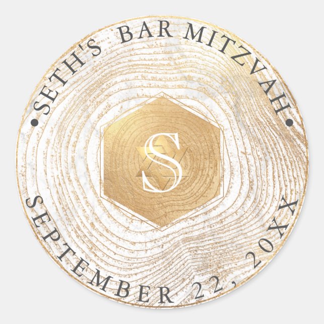 Sticker Rond PixDezines Monogram Faux Gold Tree Rings Mitzvah (Devant)