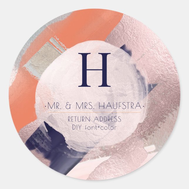 Sticker Rond PixDezines Monogramme, Blush+Bloc de couleurs Navy (Devant)