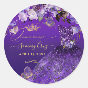 Sticker Rond PixDezines Papillons Quinceanera, Violet foncé dan