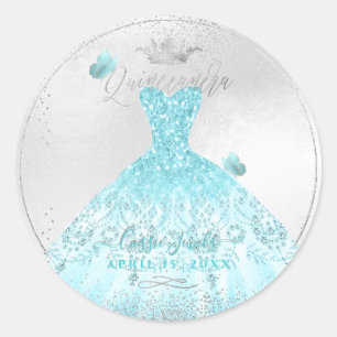 Sticker Rond PixDezines Quinceanera étincelle Blue Ombre Gown