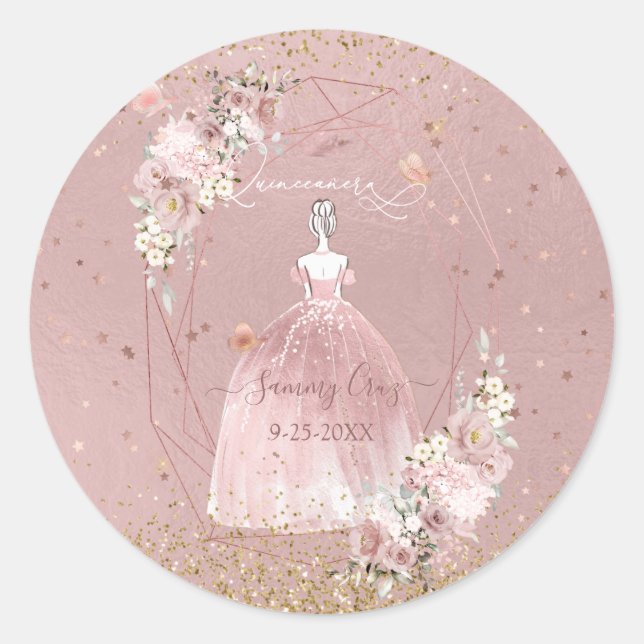 Sticker Rond PixDezines Quinceanera H2 Rose Robe d'or (Devant)