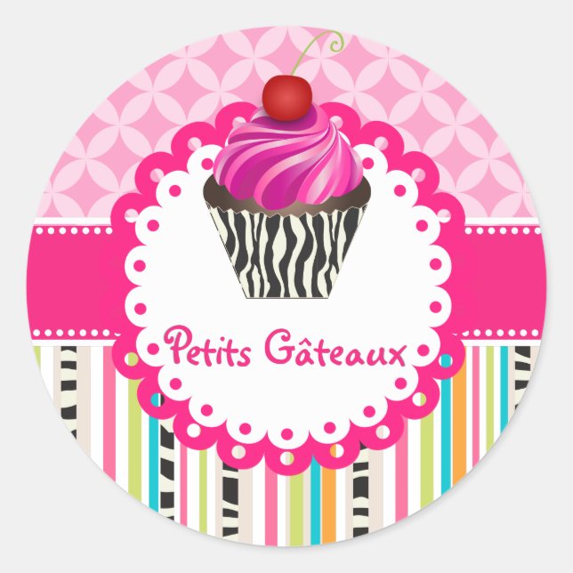 Sticker Rond PixDezines rayures+treillis+cupcake/do-it-yourself (Devant)