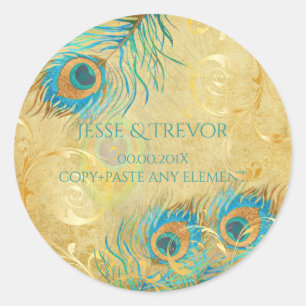 Sticker Rond PixDezines VINTAGE FAUX OR PEACOCK FEATHER