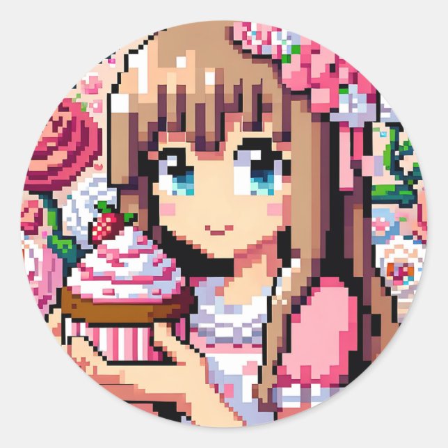 Sticker Rond Pixel Art Girl's Pink Birthday Party (Devant)