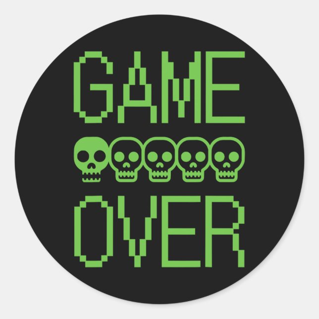 Sticker Rond Pixel Gamer Skull Game Over Retro Video Game Arcad (Devant)