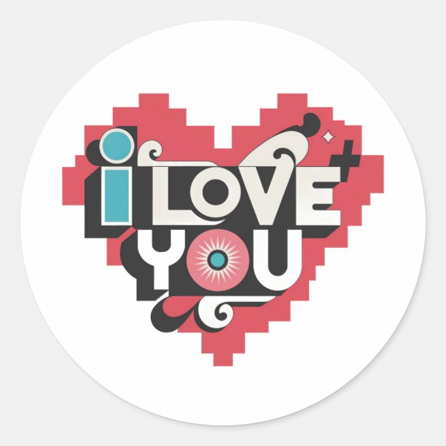 Sticker Rond Pixel Heart Je t'aime Typographie Rétro (Devant)