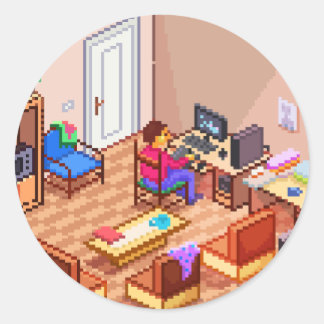 Sticker Rond Pixel isométrique Pixel Art Jeu PC Room