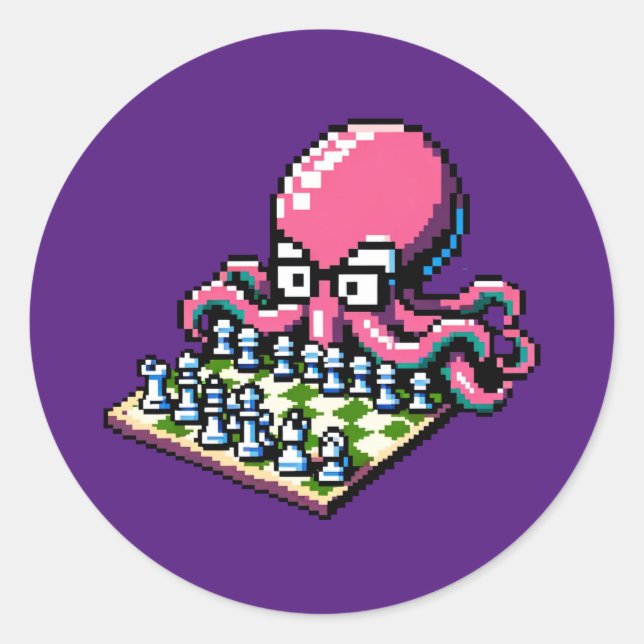 Sticker Rond Pixel Octopus Échecs Retro Stratégie Jeu Art (Devant)