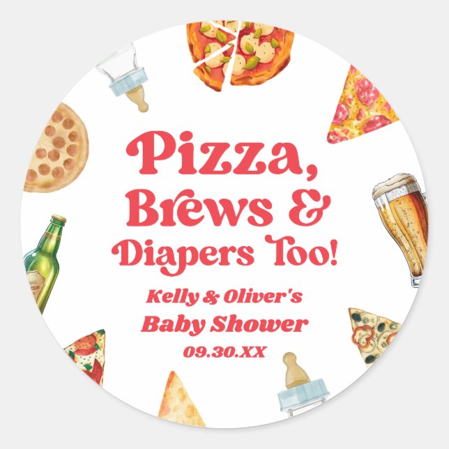 Sticker Rond Pizza brasse et diapers à la pizza Baby shower à l (Devant)