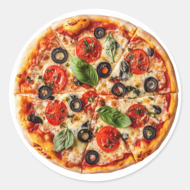Sticker Rond Pizza italienne avec tomates, olives et basilic (Devant)
