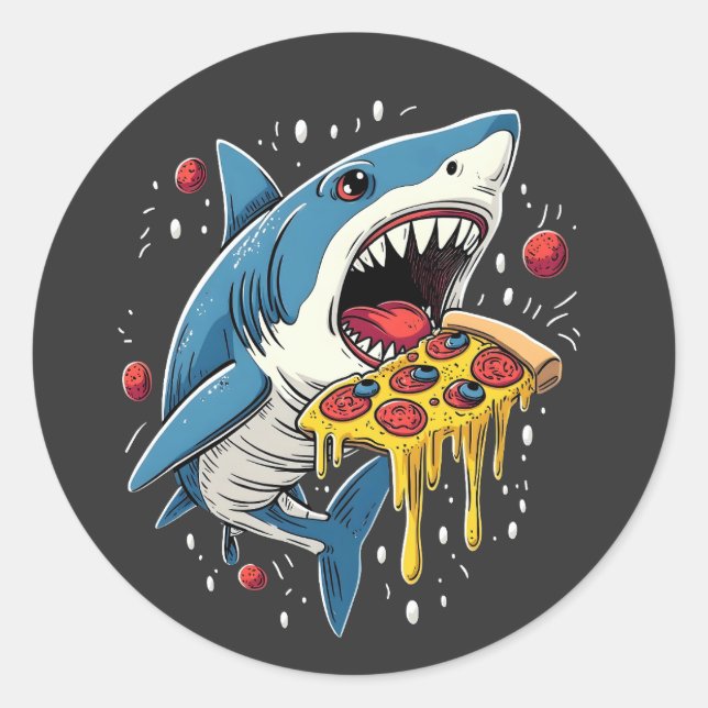 Sticker Rond Pizza mangeant du requin Amusant Pizza Lover (Devant)