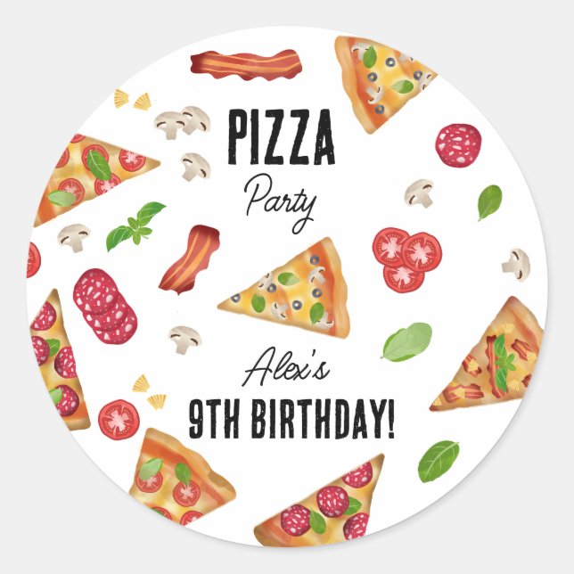 Sticker Rond Pizza Party Thème Aquarelle Anniversaire de enfant (Devant)