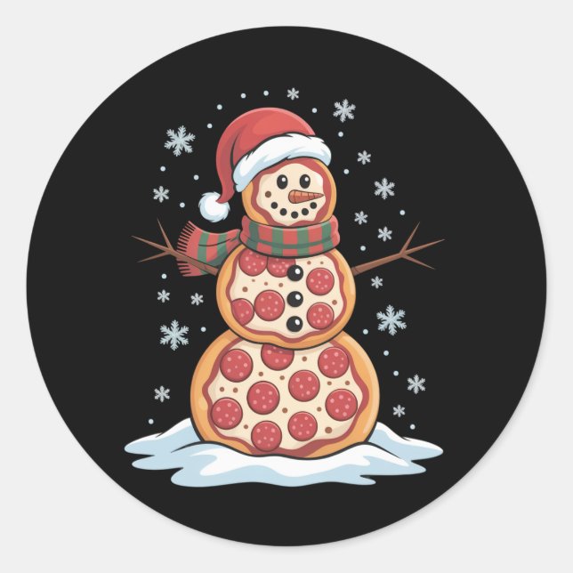 Sticker Rond Pizza Tree Snowman Santa Hat Fête de Noël Drôle (Devant)