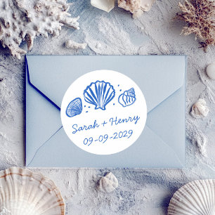 Sticker Rond Plage Coquillages Mariage Bleu Blanc PERSONNALISÉ 