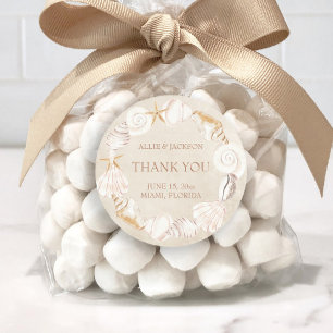 Sticker Rond Plage Coquillages Sable Mariage balnéaire Merci