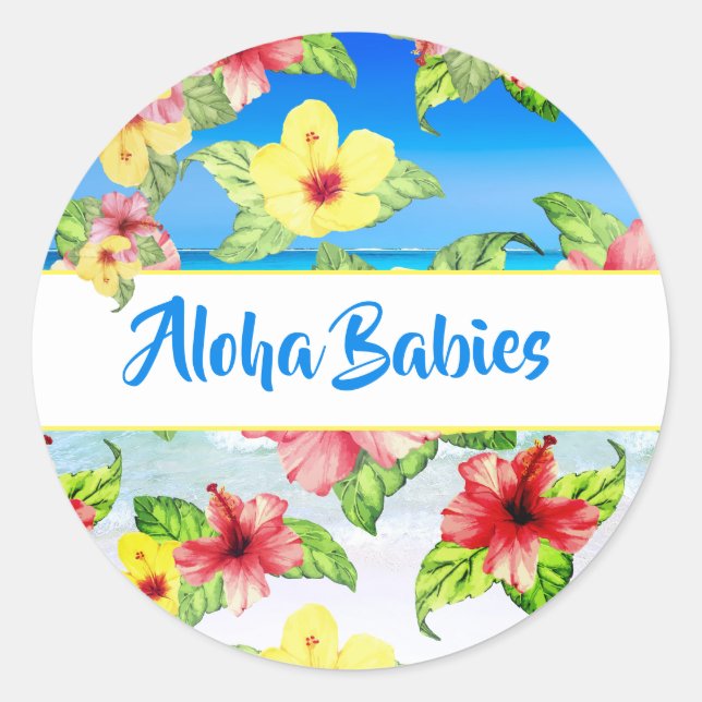 Sticker Rond Plage de Baby shower d'Aloha Twins à fleurs tropic (Devant)