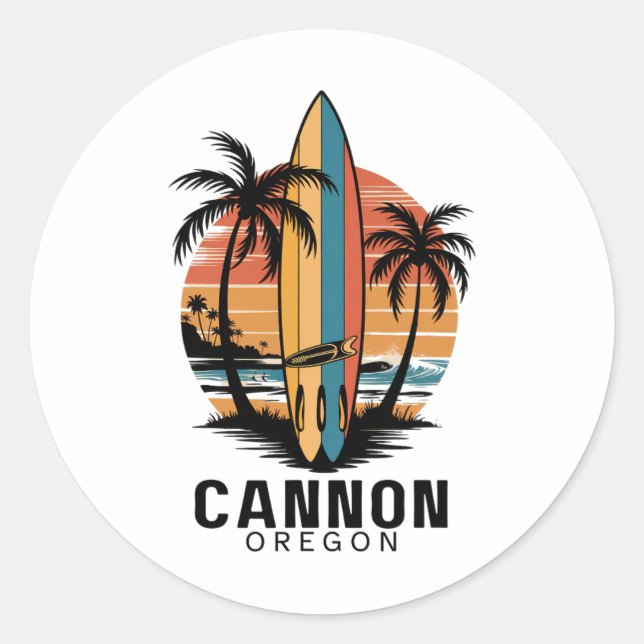 Sticker Rond Plage de Cannon Oregon Surfant Surfeur  (Devant)
