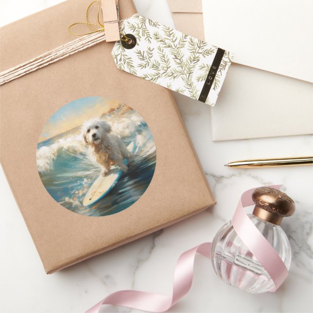 Sticker Rond Plage de Coton De Tulear Peinture de surf (Cadeaux)