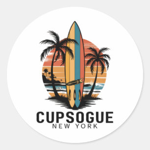 Sticker Rond Plage de Cupsogue New York Surfant Surfeur