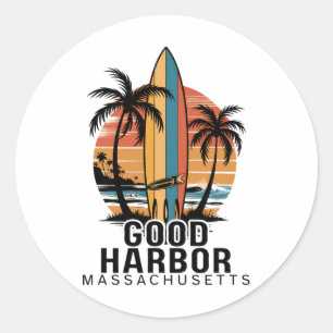 Sticker Rond Plage de Good Harbor Machusetts Surfant Surfeur