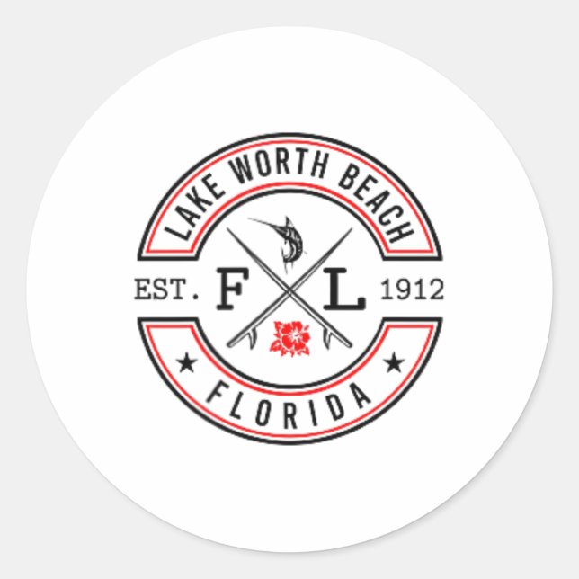 Sticker Rond Plage de Lake Worth Beach Floride Fl Rétro Surfeur (Devant)