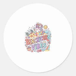Sticker Rond Plage de Licorne Vibes Fantaisiste Fond Blanc