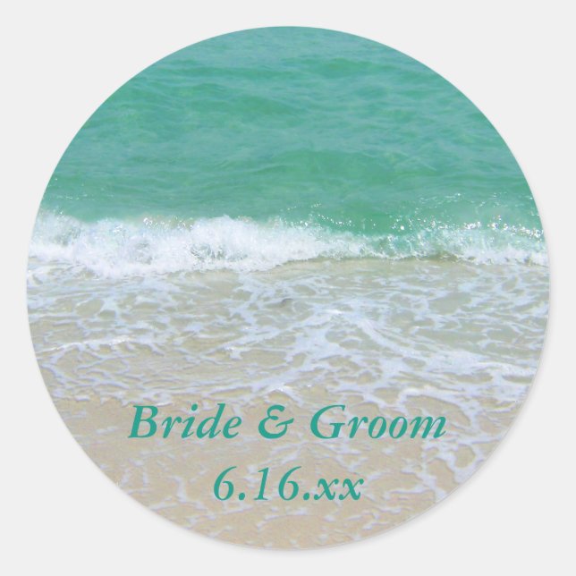 Sticker Rond Plage de mariage personnalisée Favoriser les autoc (Devant)