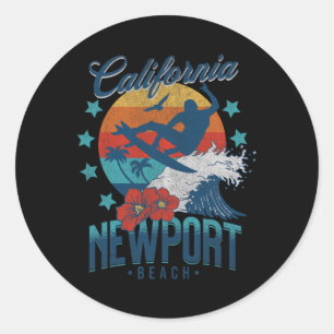 Sticker Rond Plage de Newport Beach Californie Surf Vintage Vac