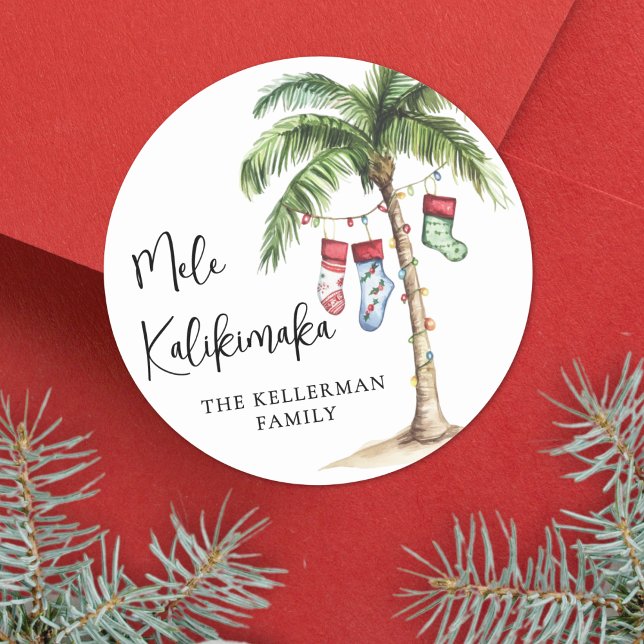 Sticker Rond Plage de Noël Mele Kalikimaka (Mele Kalikimaka Tropical Beach Christmas Classic Round Sticker)