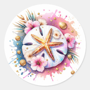 Sticker Rond Plage de sable blanc rose, bleu et or