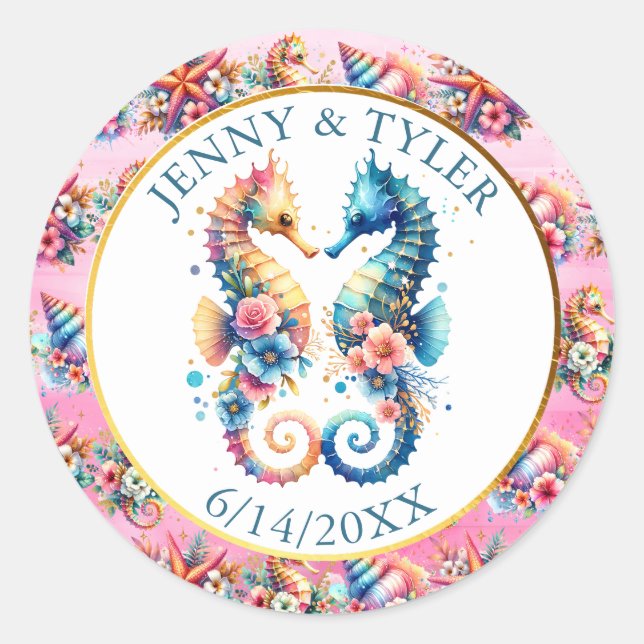 Sticker Rond Plage de sable blanc rose, bleu et or (Devant)