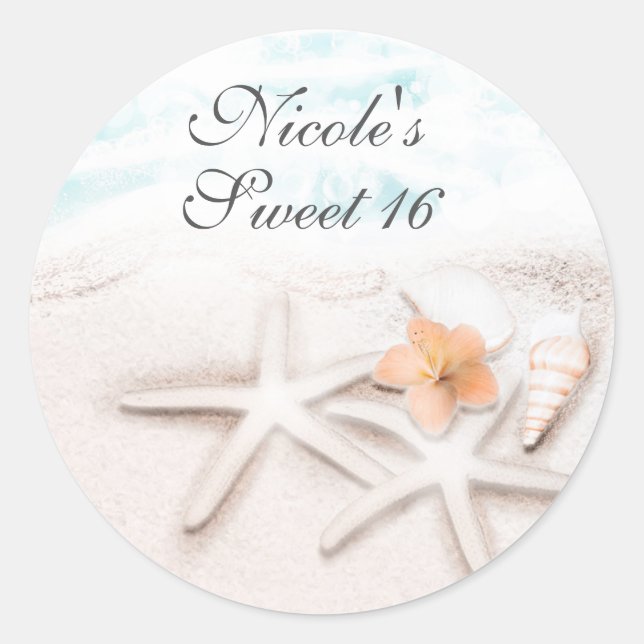 Sticker Rond Plage de sable blanc Starfish Blue Ocean Party Fav (Devant)