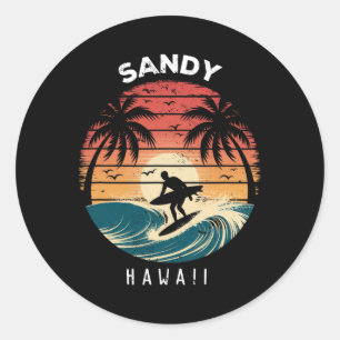 Sticker Rond Plage de sable Hawaii Planche de surf Vagues Plage