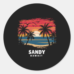 Sticker Rond Plage de sable Hawaii Surfboarder Palmier Souvenir