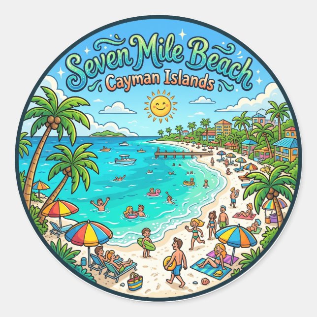 Sticker Rond Plage de Sept Milles Îles Caïmans (Devant)