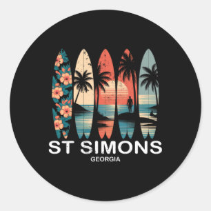 Sticker Rond Plage de St Simons Géorgie Surfboard Surf Rétro _1