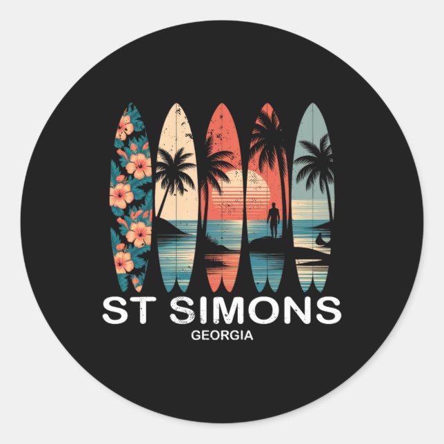 Sticker Rond Plage de St Simons Géorgie Surfboard Surf Rétro _1 (Devant)