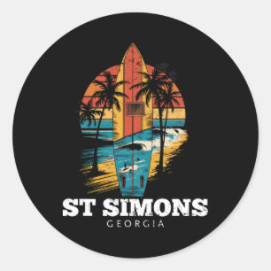 Sticker Rond Plage de St Simons Géorgie Surfboard Surfing Rétro