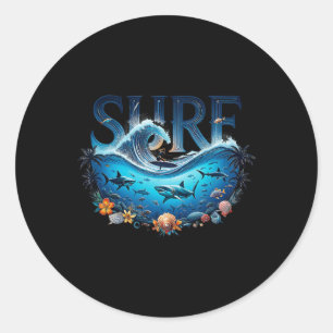 Sticker Rond Plage de surf de grosse vague Amateur de surfeur g