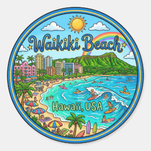 Sticker Rond Plage de Waikiki Hawaï