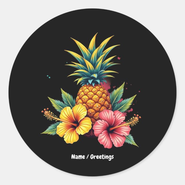 Sticker Rond Plage d'été Hawaii Floral d'Ananas et Hibiscus (Devant)