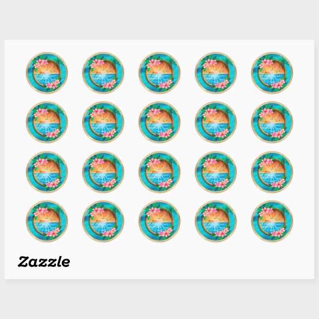 Sticker Rond Plage d'été Océan oiseaux volent dans le ciel et v (Feuille)