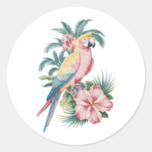 Sticker Rond Plage d'été tendance perroquet et fleurs d'Hibiscu