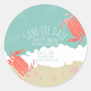 Sticker Rond Plage Enregistrer la Date Crabe Sable Vagues Océan