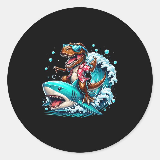 Sticker Rond Plage Lover T-rex Dinosaur équitation Requin Surf  (Devant)