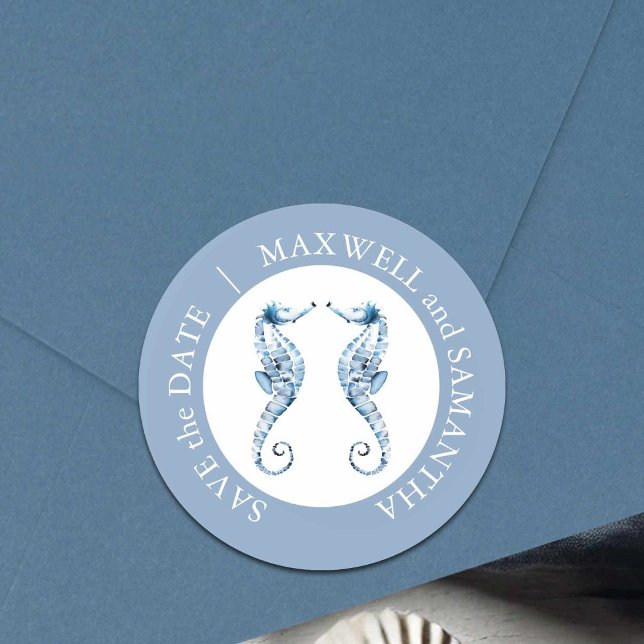 Sticker Rond Plage Mariage Aquarelle Seahorses Bleu (Save the date envelope seals watercolor seahorse design by Victoria Griglaiunas Do Tell A Belle)