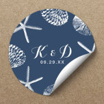 Sticker Rond Plage Mariage Marine Coquillages Bleus Mariage Fav<br><div class="desc">Navire Blue Beach Wedding Favor Stickers.</div>