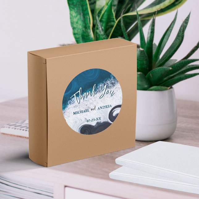 Sticker Rond Plage Mariage Océan Vagues Merci Appréciation (Créateur téléchargé)