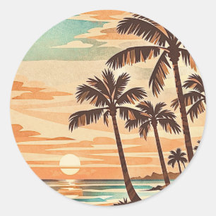 Sticker Rond plage moderne milieu de siècle Hawaii coucher de s